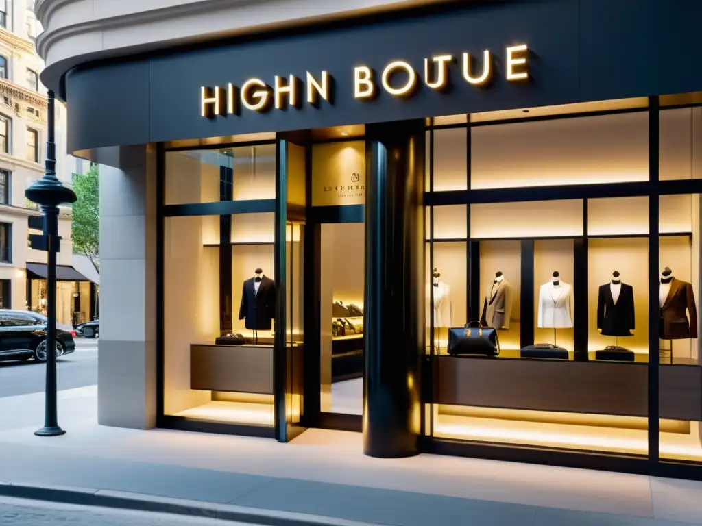 Boutique de lujo: escaparate sofisticado y exclusivo Vitrina de boutique de lujo moderna con productos elegantes en ventana de cristal, iluminación sofisticada y reflejo de la ciudad