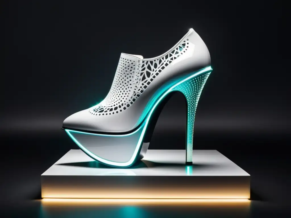 Zapato de diseño futurista con luces LED, patrón geométrico y tecnología innovadora, en un pedestal blanco sobre fondo negro